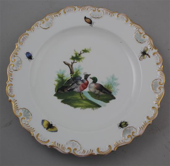 Two Meissen outside decorated plates and a similar Berlin outside decorated plate, 21.5cm